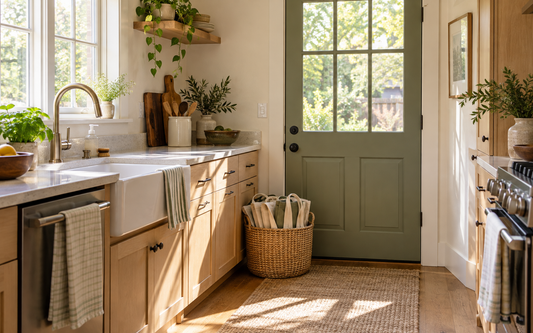 Wide establishing shot (16:10) of a real lived-in kitchen near a back door, with a woven basket on the floor holding several…