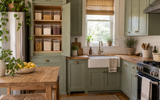 Wide establishing editorial photograph, 16:10, of a small lived-in kitchen where a single open cabinet has been repurposed…