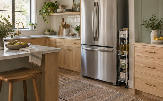 A real lived-in kitchen with light wood cabinetry, off-white walls, and soft sage accents