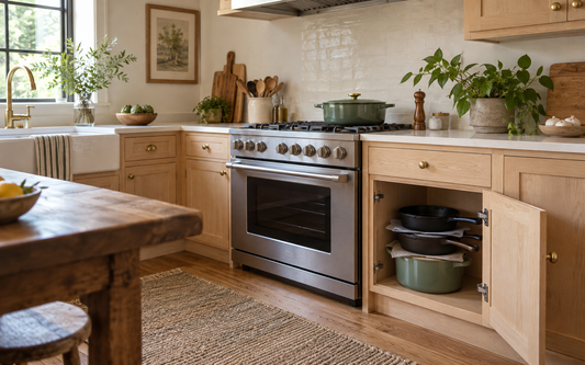 Lived-in kitchen with light wood cabinetry, off-white walls, and soft sage accents