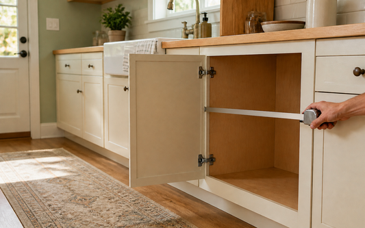 A real lived-in kitchen with a lower cabinet door open, revealing a deep empty cabinet interior in light wood