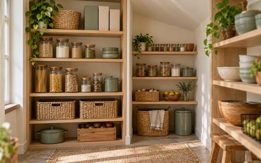 Wide establishing editorial photograph of a lived-in home pantry with fixed shelves at clearly different heights, light wood…