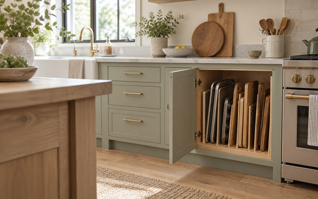 Natural daylight in a real lived-in kitchen with warm neutral palette of light wood, off-white and soft sage