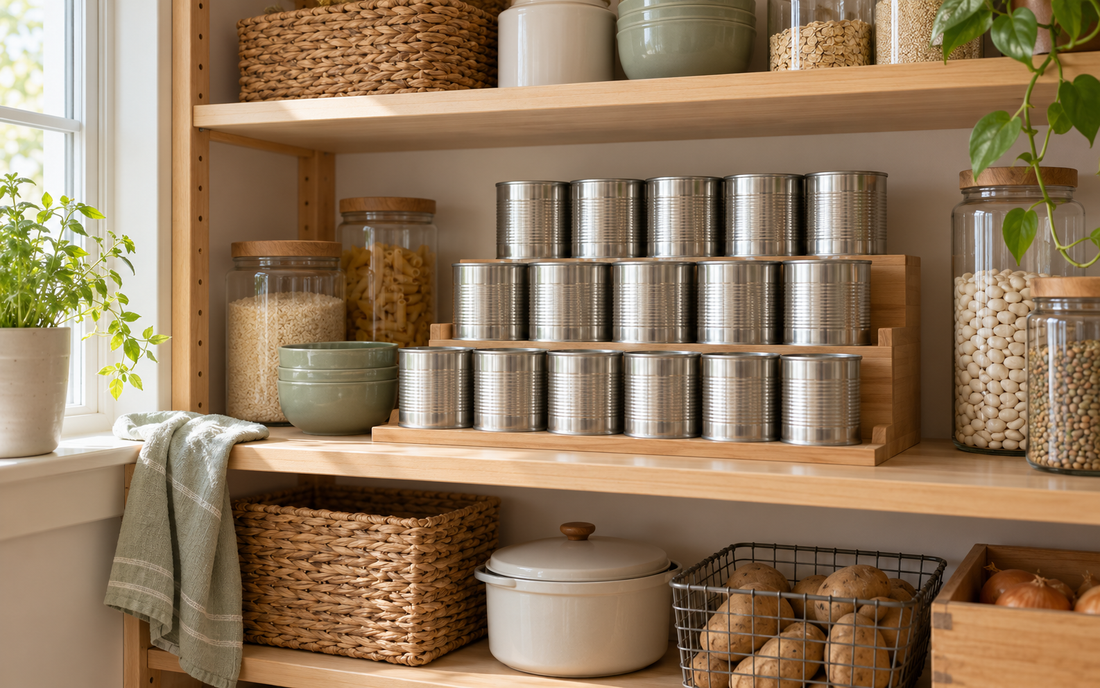 Wide establishing editorial photograph of a lived-in home kitchen pantry shelf in natural daylight, rows of plain unlabeled…