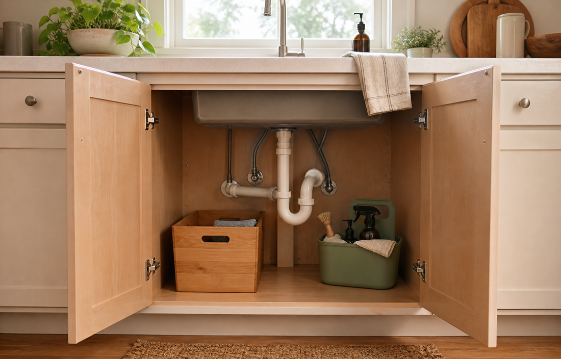 Natural daylight in a real lived-in kitchen, warm neutral palette of light wood, off-white and soft sage, soft shadows…