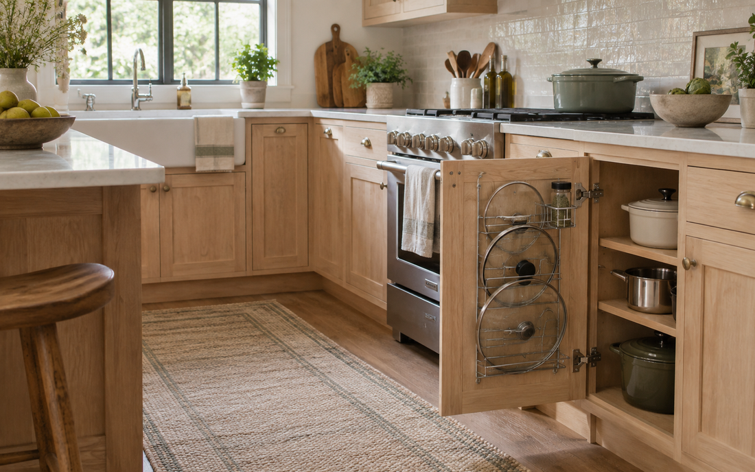Wide establishing shot of a real lived-in kitchen with light wood cabinetry, off-white walls, and soft sage accents; a lower…