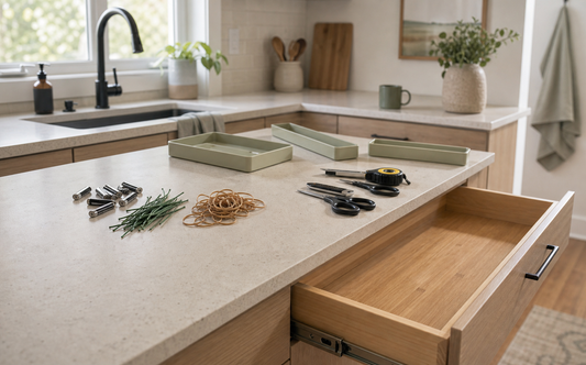 Wide establishing shot 16:10 of a real lived-in kitchen with natural daylight streaming in, warm neutral palette of light…