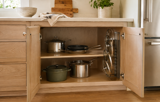 Natural daylight in a real lived-in kitchen, warm neutral palette of light wood, off-white and soft sage, soft shadows…