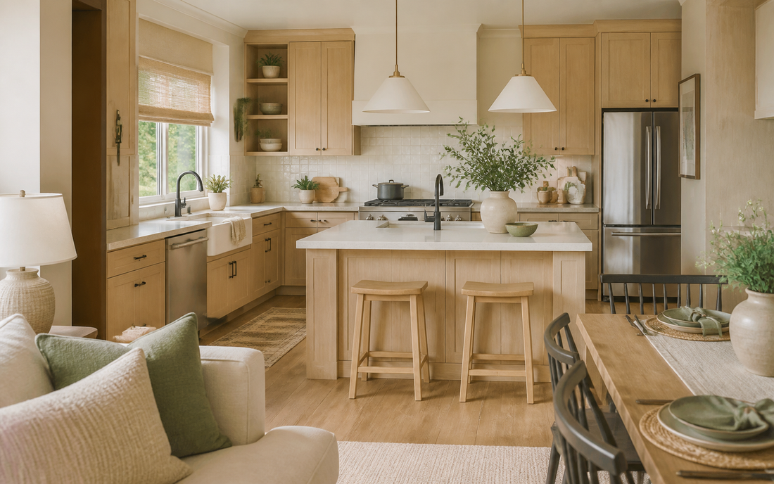 Wide establishing shot of a real lived-in kitchen with a mostly clear countertop, natural daylight, warm neutral palette of…