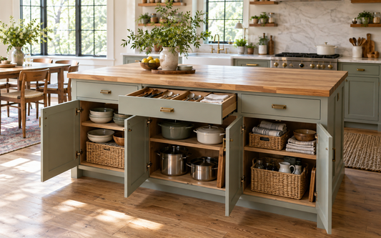 Wide establishing shot of a kitchen island with cabinet doors and a drawer open, showing organized interior storage, in a…