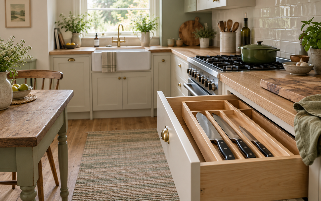 Wide establishing editorial photograph of a lived-in small kitchen in natural daylight, a light wood drawer pulled open to…