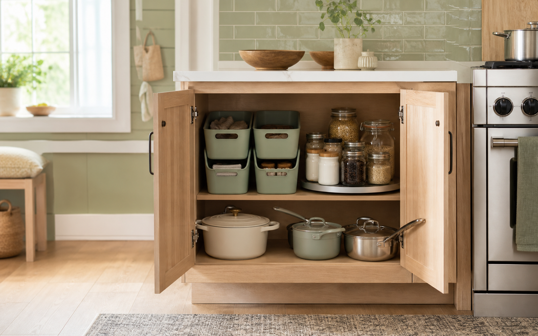 Wide establishing shot of an open lower kitchen cabinet in a real lived-in kitchen, light wood cabinetry with an off-white…