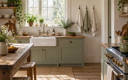 Wide establishing shot of a real lived-in kitchen, 16:10