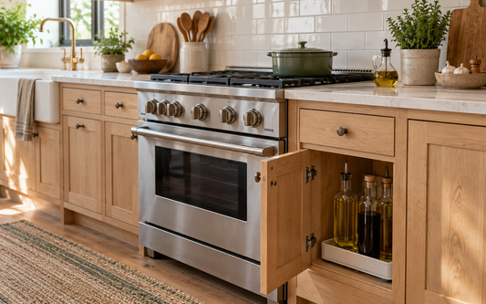 Wide establishing editorial photograph of a lived-in home kitchen in natural daylight, a gas range with a light wood cabinet…