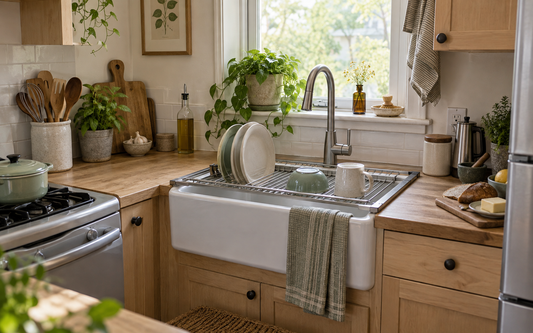 Wide establishing shot of a small kitchen sink corner with no free counter space, an over-the-sink dish drying rack spanning…