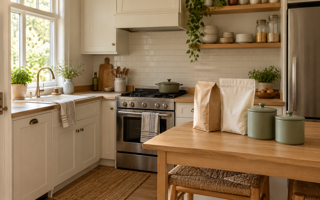 Wide establishing editorial photograph of a real lived-in small kitchen in natural daylight: a light wood counter holding a…