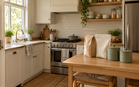 Wide establishing editorial photograph of a real lived-in small kitchen in natural daylight: a light wood counter holding a…