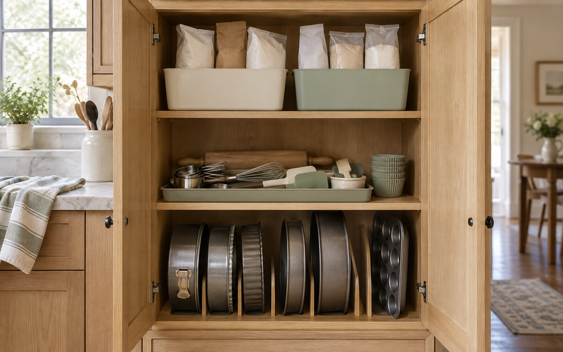 Wide establishing shot of an open kitchen cabinet dedicated to baking supplies, light wood cabinetry, three shelves visible…