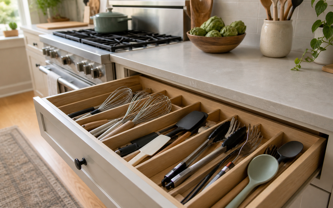 Wide establishing shot of an open kitchen drawer fitted with wooden drawer dividers holding whisks, tongs, and spatulas of…