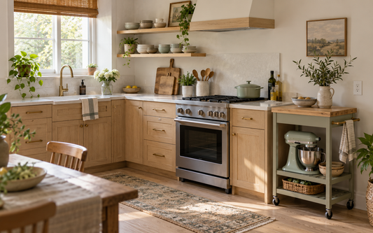 A real lived-in kitchen corner with light wood cabinetry, off-white walls, and soft sage accents