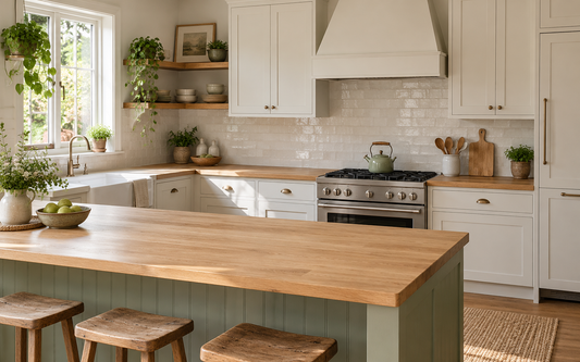 Wide establishing editorial photograph of a lived-in home kitchen with a light wood countertop, off-white cabinets and soft…