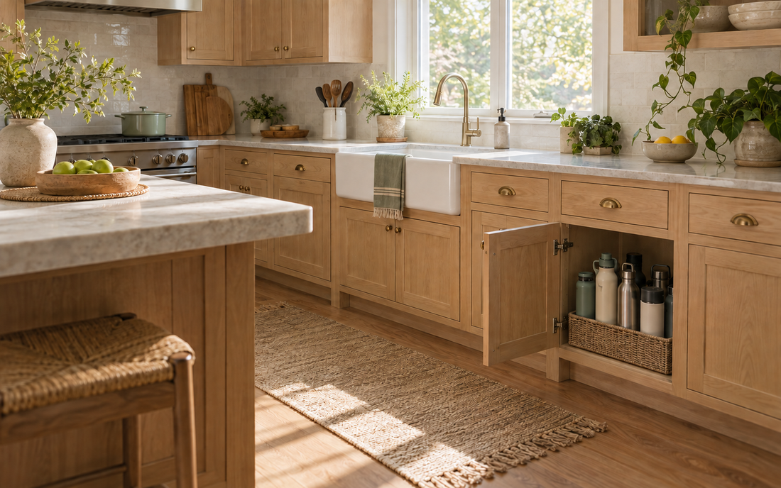 Lived-in kitchen with light wood cabinetry, off-white walls, and soft sage accents