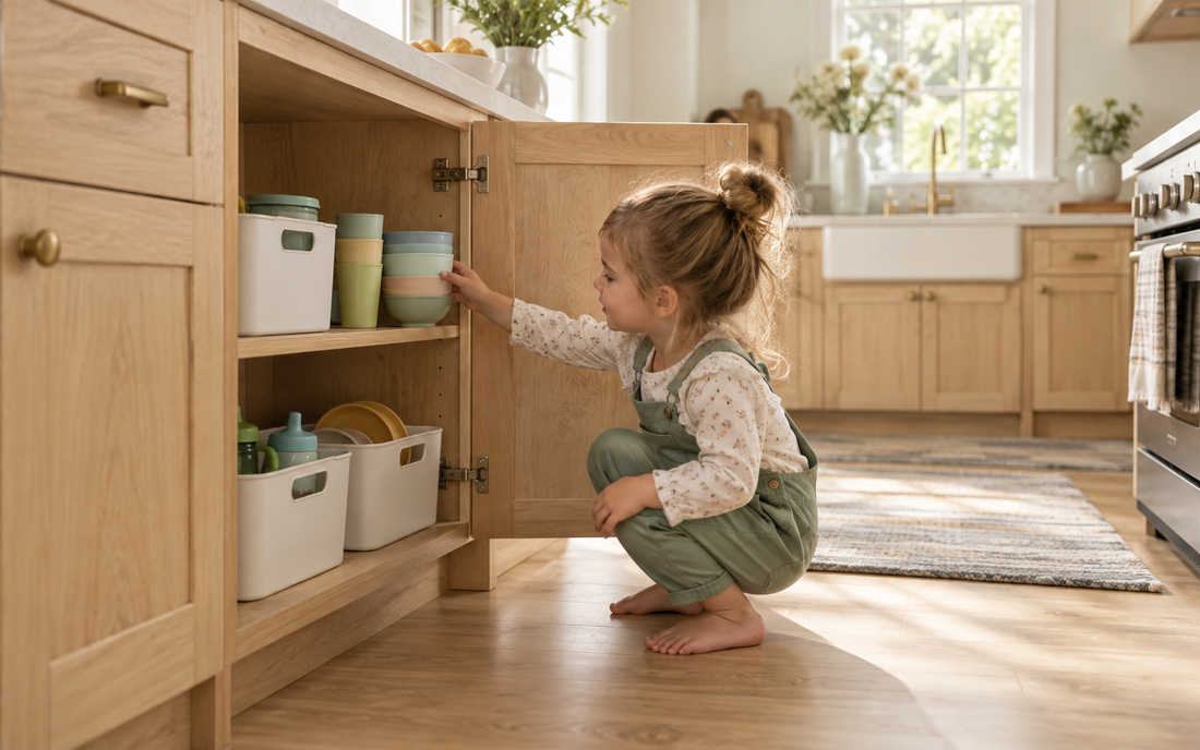 Wide establishing shot of a low kitchen cabinet with its door open at floor level, a small child crouching to reach a shelf…
