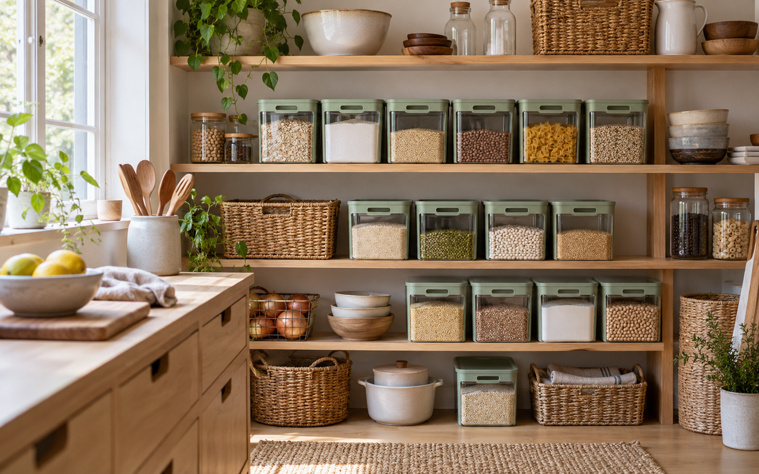Wide establishing editorial photograph of a lived-in home kitchen pantry with open shelves, light wood shelving, off-white…