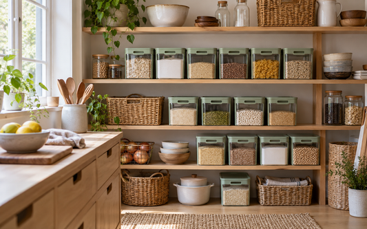 Wide establishing editorial photograph of a lived-in home kitchen pantry with open shelves, light wood shelving, off-white…