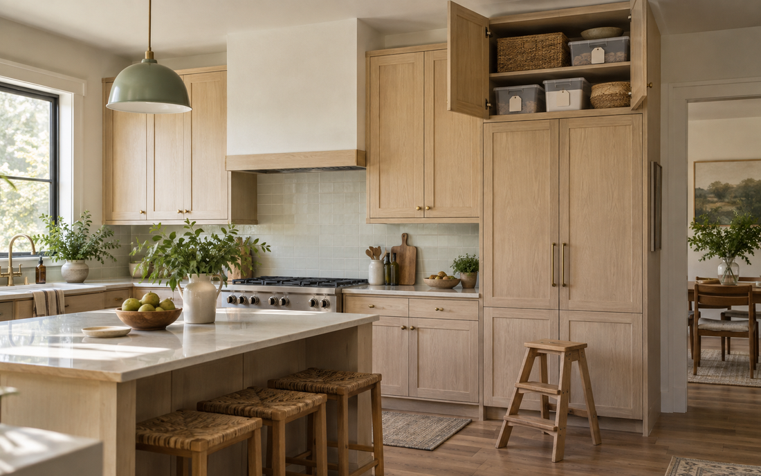 Wide establishing shot of a real lived-in kitchen with light wood cabinetry, off-white walls, and soft sage accents