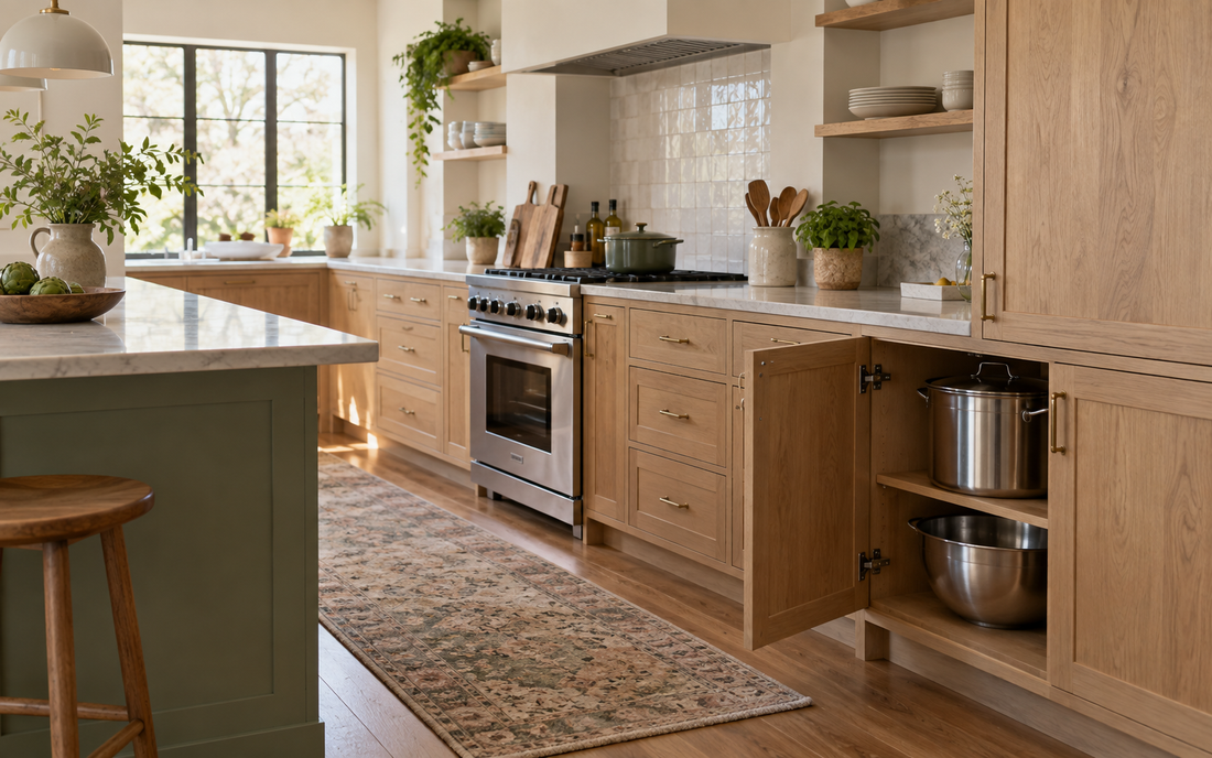 Wide establishing shot of a real lived-in kitchen with a deep lower cabinet door open, revealing a large stockpot and an…