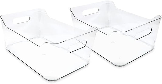2-Pack Large Clear Storage Bins (13.5” x 10” x 6”) w/Handles, Plastic Box Set, Home, Office