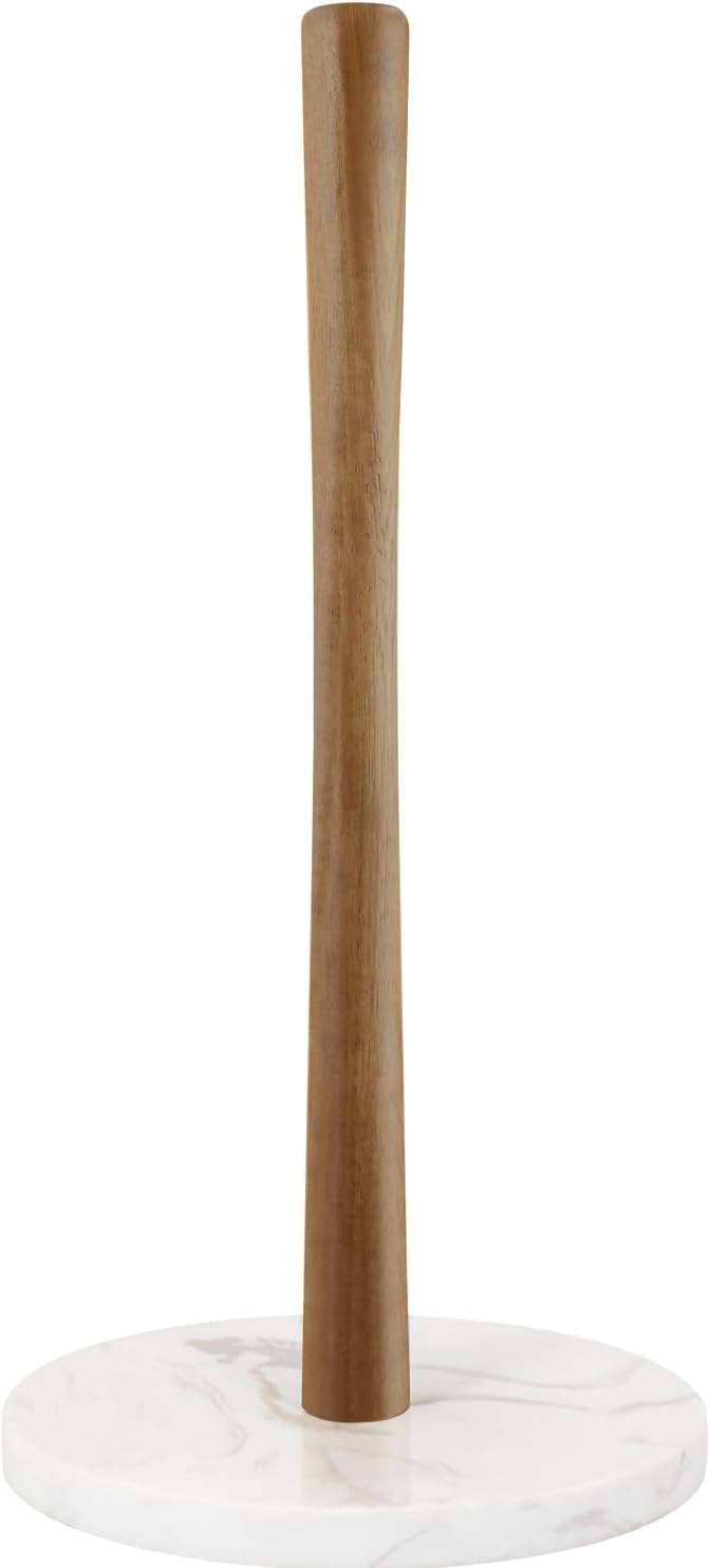 Wood Paper Towel Holder, Marble Base Modern Decorative Countertop Standing Rolls Holder for Kitchen, Toilet, Pantry and Bathroom (Marble Base White)