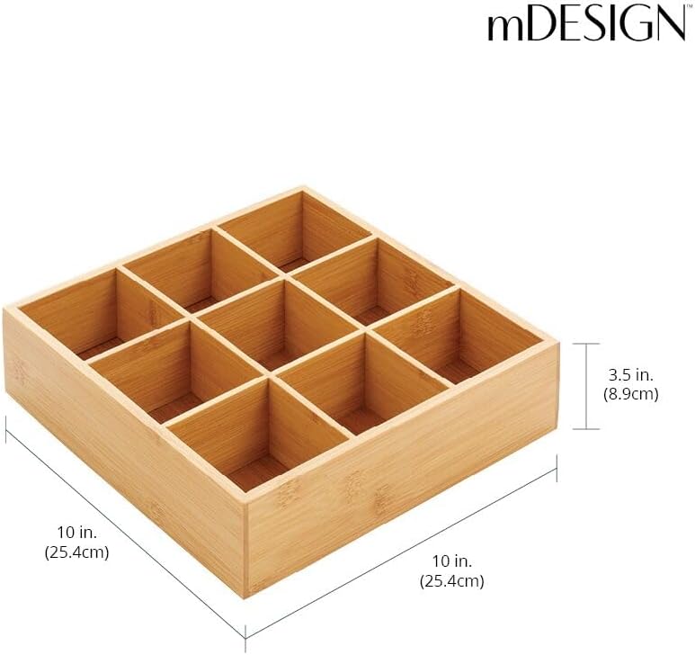 Bamboo Kitchen Pantry Storage Organizer Box - 9 Divided Sections, Open Top