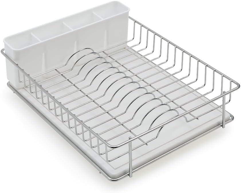 304 Stainless Steel Dish Drying Rack with Diatomaceous Earth Drainboard & Removable Utensil Caddy – Rust Resistant Countertop Dish Rack for Kitchen (Silvery-Grey)