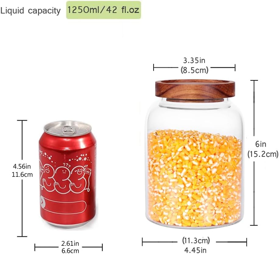 Glass Storage Jars with Airtight Lids, Set of 2 42 FL OZ (1250ml) coffee container with Wooden Lid