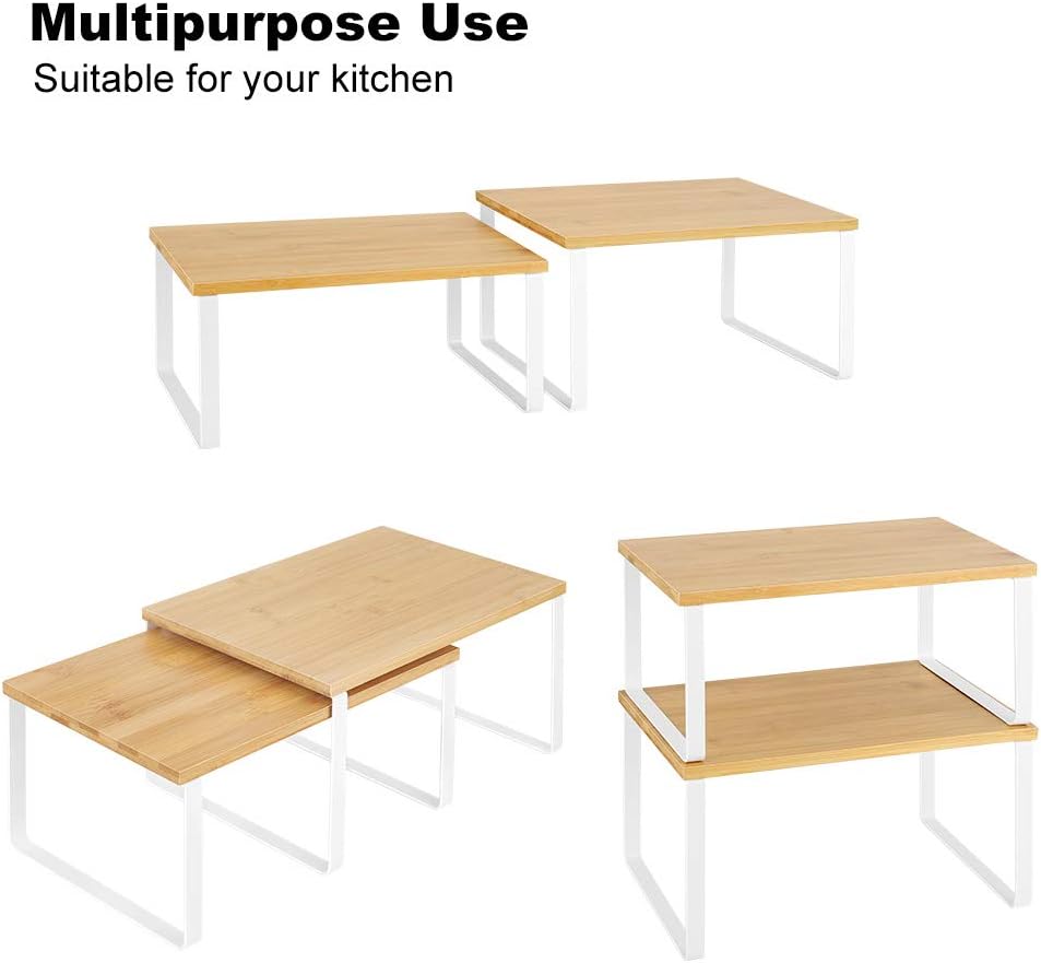 Kitchen Cabinet and Counter Shelf Organizer, Stackable & Expandable, White and Natural