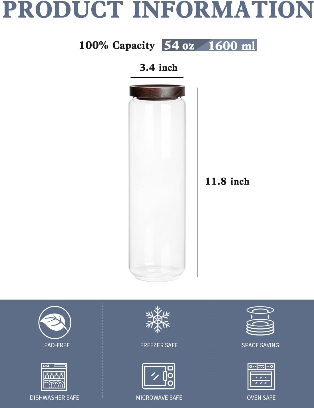 Airtight Food Storage Containers Set of 3, 54 Ounce Glass Storage Containers with Bamboo lids