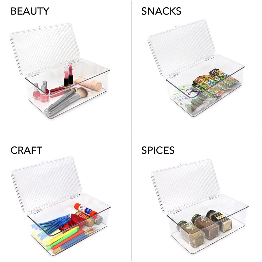 Medium Stackable Organizer Bin (10.75”x6.5”x3.7”) w/ Hinged Lid, Clear Storage Box, Home, Office