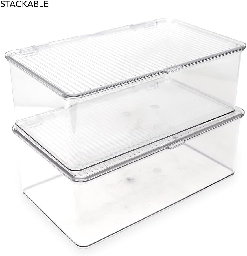 Medium Stackable Organizer Bin (10.75”x6.5”x3.7”) w/ Hinged Lid, Clear Storage Box, Home, Office