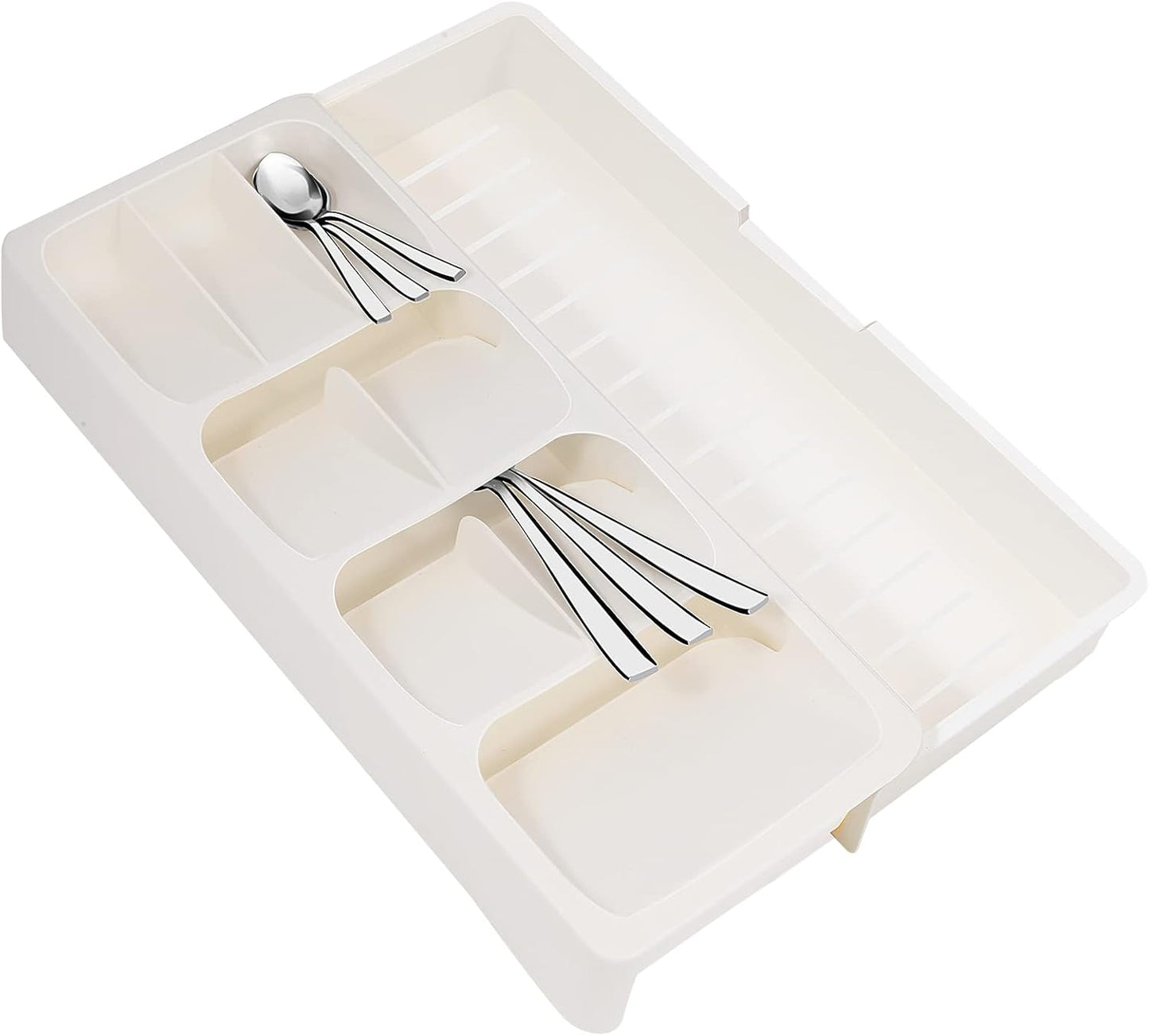 Kitchen Drawer Organizer Tray,Expandable Cutlery Silverware Organizer Storage Tray for Kitchen Drawer Flatware Spoons Forks,Creamy White
