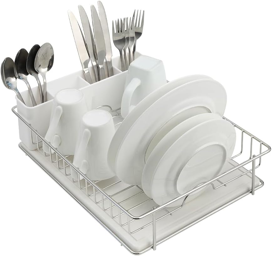 304 Stainless Steel Dish Drying Rack with Diatomaceous Earth Drainboard & Removable Utensil Caddy – Rust Resistant Countertop Dish Rack for Kitchen (Silvery-Grey)