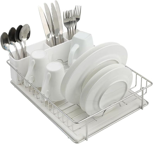 304 Stainless Steel Dish Drying Rack with Diatomaceous Earth Drainboard & Removable Utensil Caddy – Rust Resistant Countertop Dish Rack for Kitchen (Silvery-Grey)