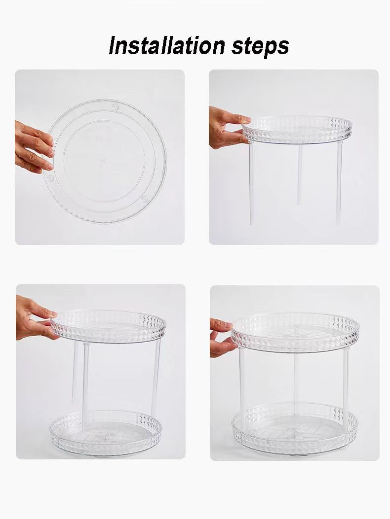 2 Tier Clear Lazy Susan Organizer for Fridge and Cabinet, 360° Rotating Makeup Organizer