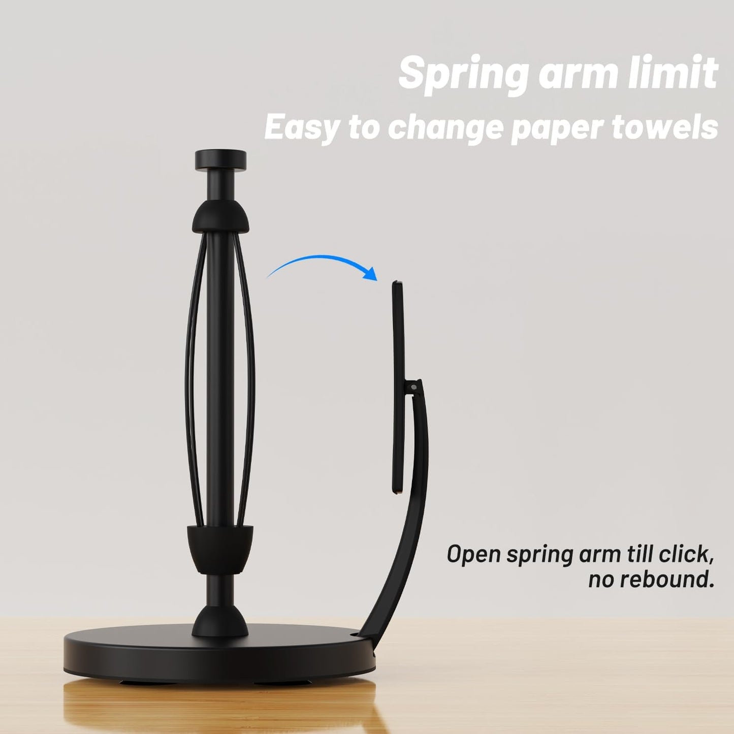 Paper Towel Holder Countertop, Black Paper Towel Holder with Spring Activated Arm and Damping Effect, Simply Tear Paper Towel Stand for Bathroom and Kitchen (Black)