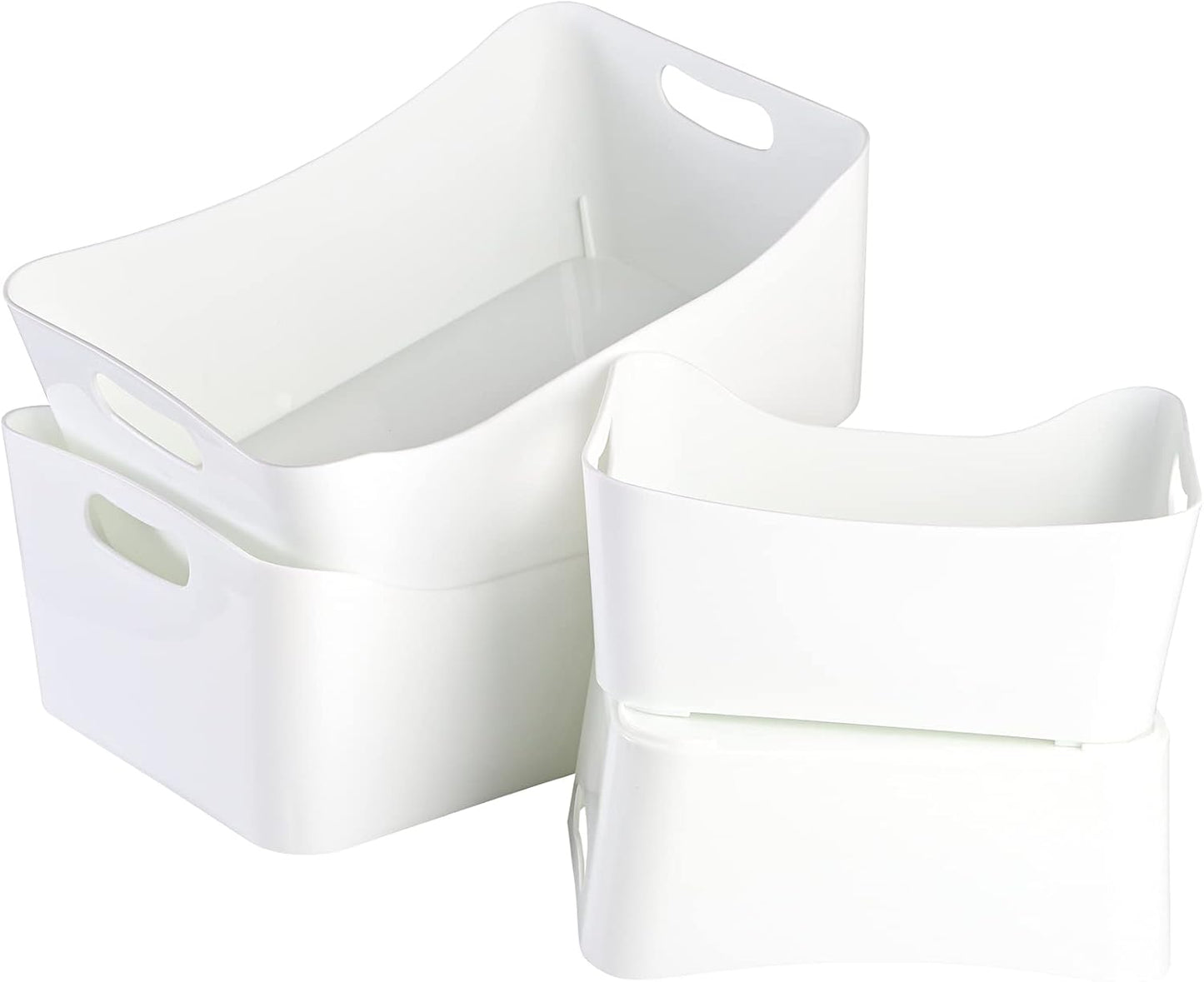 4 Pack White Plastic Storage Bins, Pantry Organizer Bin with Handles