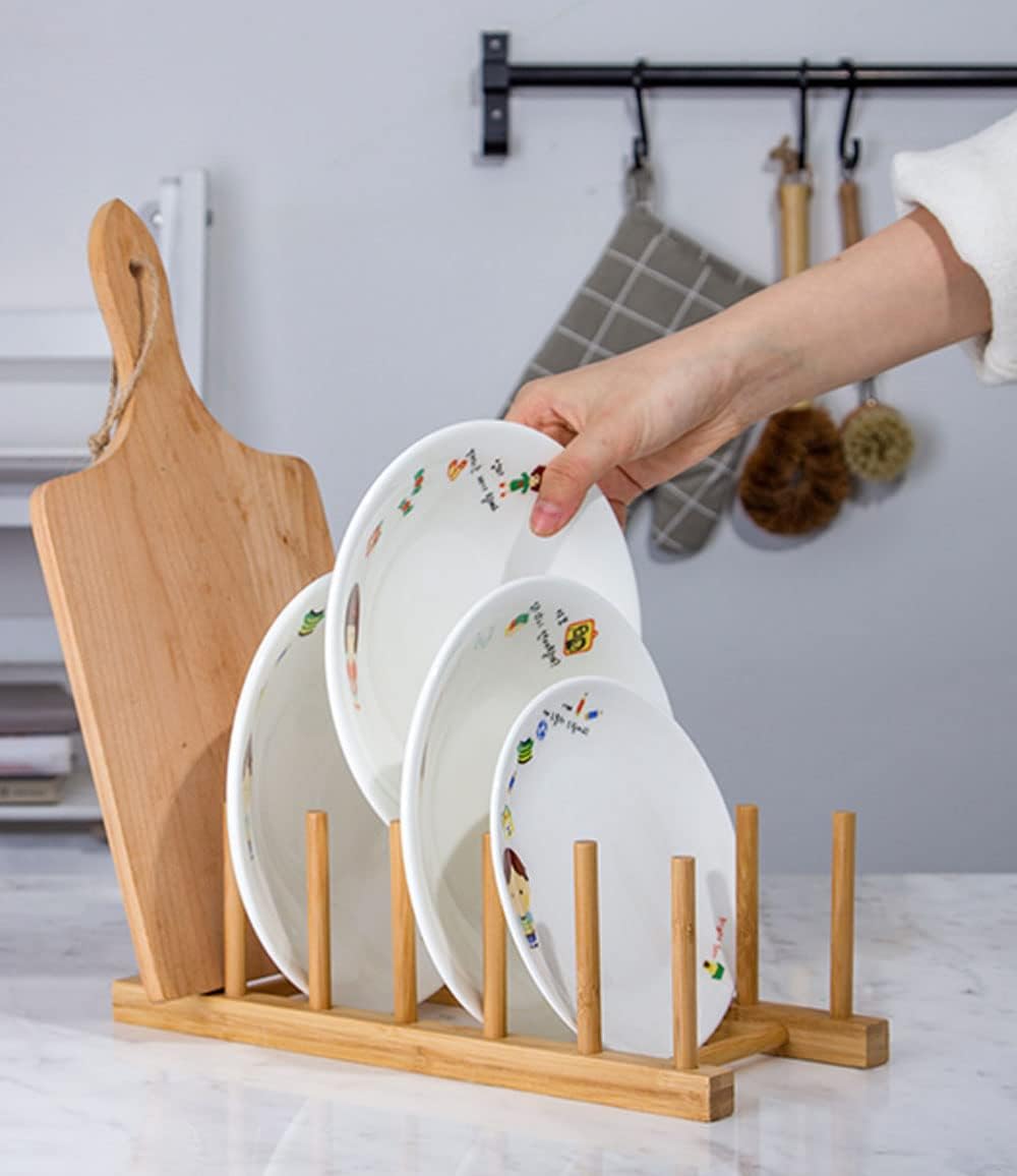 4 Pack Bamboo Dish Drying Rack, Plate Rack Stand Pot Lid Holder, Dish Organizer Racks for Plates