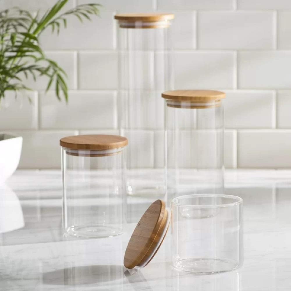 Set of 5 Glass Kitchen Canisters with Airtight Bamboo Lid