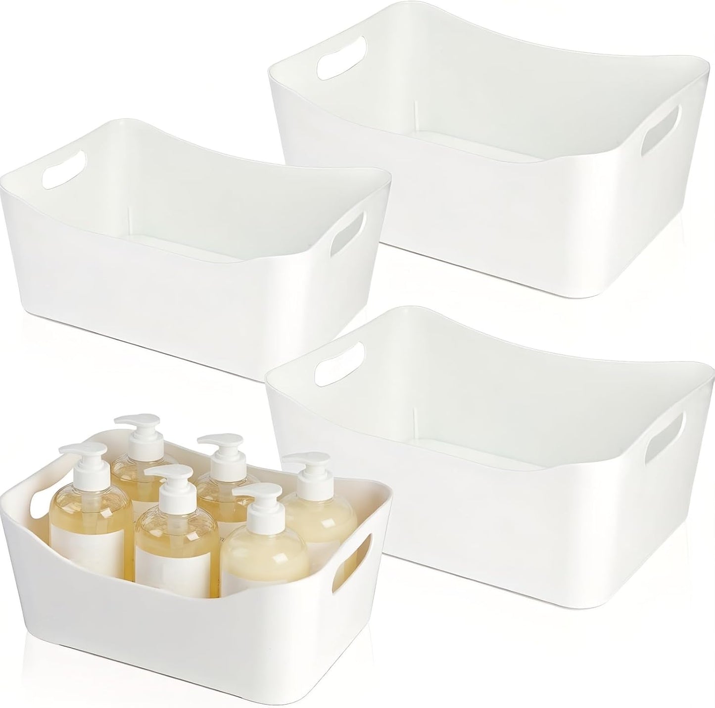 4 Pack White Plastic Storage Bins, Pantry Organizer Bin with Handles