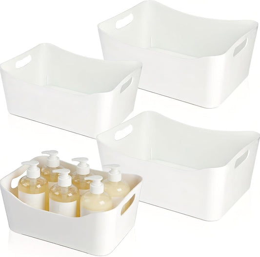 4 Pack White Plastic Storage Bins, Pantry Organizer Bin with Handles